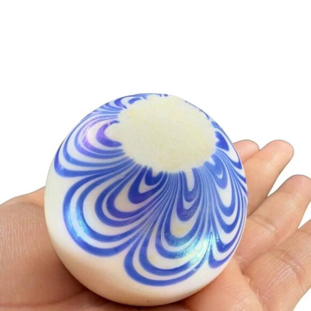 Vintage Art Glass Paperweight Round Orb White‎ Iridescent With Blue Swirls Lines